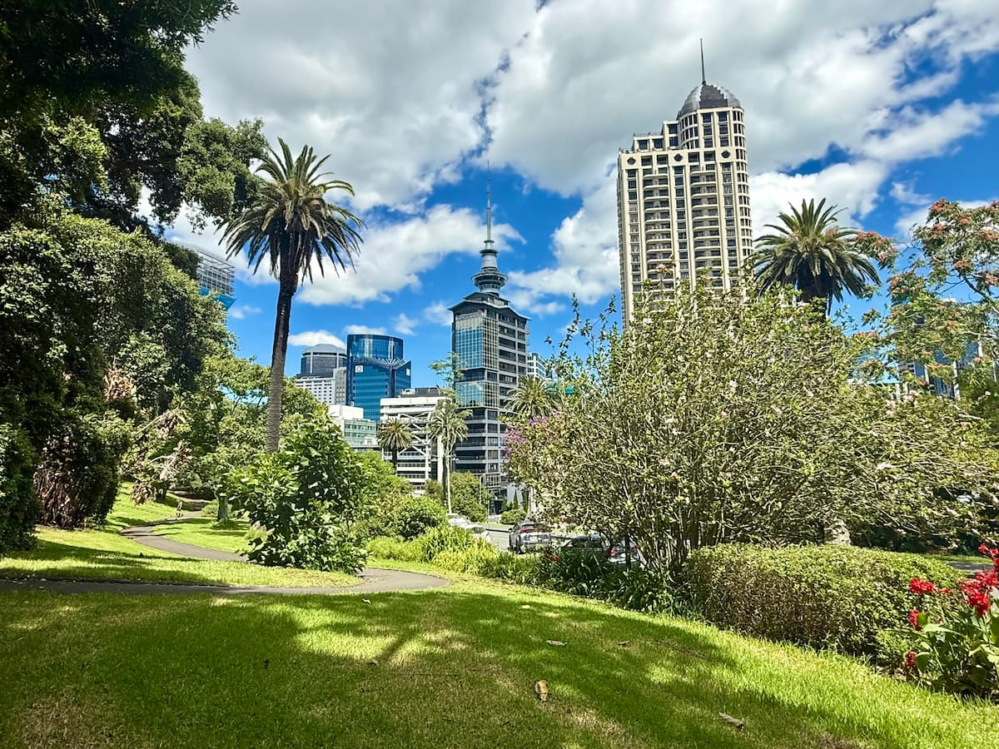 View of Auckland city buildings from Albert Park in Auckland, New Zealand.